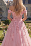 Roze A-lijn lange korsetjurk met 3D-bloemen off-the-shoulder roze A-lijn