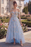 Blauwe tule A-lijn off-the-shoulder bloemenkorset met applicatie lange galajurk met 3D-bloemen