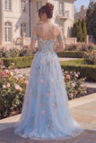 Blauwe tule A-lijn off-the-shoulder bloemenkorset met applicatie lange galajurk met 3D-bloemen