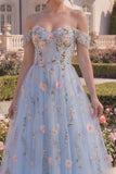 Blauwe tule A-lijn off-the-shoulder bloemenkorset met applicatie lange galajurk met 3D-bloemen