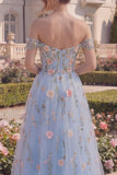 Blauwe tule A-lijn off-the-shoulder bloemenkorset met applicatie lange galajurk met 3D-bloemen