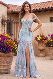Tule blauwe off-the-shoulder trompet bloemenkorset met appliquatie lange galajurk met 3D-bloemen