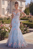 Tule blauwe off-the-shoulder trompet bloemenkorset met appliquatie lange galajurk met 3D-bloemen