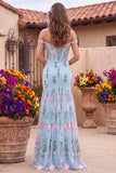 Tule blauwe off-the-shoulder trompet bloemenkorset met appliquatie lange galajurk met 3D-bloemen