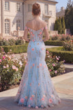 Tule blauwe off-the-shoulder trompet bloemenkorset met appliquatie lange galajurk met 3D-bloemen