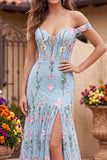 Tule blauwe off-the-shoulder trompet bloemenkorset met appliquatie lange galajurk met 3D-bloemen