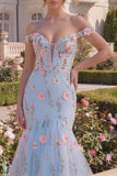 Tule blauwe off-the-shoulder trompet bloemenkorset met appliquatie lange galajurk met 3D-bloemen