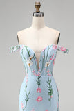 Tule blauwe off-the-shoulder trompet bloemenkorset met appliquatie lange galajurk met 3D-bloemen
