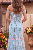 Tule blauwe off-the-shoulder trompet bloemenkorset met appliquatie lange galajurk met 3D-bloemen