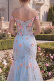 Tule blauwe off-the-shoulder trompet bloemenkorset met appliquatie lange galajurk met 3D-bloemen