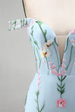 Tule blauwe off-the-shoulder trompet bloemenkorset met appliquatie lange galajurk met 3D-bloemen