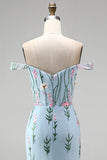 Tule blauwe off-the-shoulder trompet bloemenkorset met appliquatie lange galajurk met 3D-bloemen
