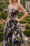 Zwarte roze bloemtule strapless A-lijn bloemen geborduurde lange galajurk