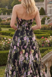 Zwarte roze bloemtule strapless A-lijn bloemen geborduurde lange galajurk