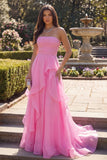 Felroze tule sheath strapless lange galajurk met ruches