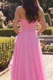 Felroze tule sheath strapless lange galajurk met ruches