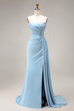 Satijnblauwe zeemeermin, gerimpelde, kralenloze strapless lange galajurk met split