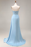 Satijnblauwe zeemeermin, gerimpelde, kralenloze strapless lange galajurk met split