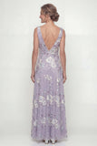 Stoffige paarse geborduurde halsband met een lijn Mother of the Bride jurk met pailletten