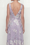 Stoffige paarse geborduurde halsband met een lijn Mother of the Bride jurk met pailletten