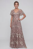 Stoffy Rose pailletten Een lijn V-hals lange Mother of the Bride Jurk