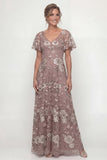 Stoffy Rose pailletten Een lijn V-hals lange Mother of the Bride Jurk