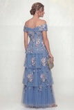 Off-the-shoulder stoffig blauw gelaagd Een lijn lange Mother of the Bride jurk met borduursels