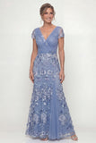 Dusty Blue A-lijn korte mouwen Mother of the Bride jurk met applicaties