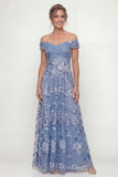 Off-the-shoulder stoffig blauw Een lijn geborduurd met een lange moeder van de bruid jurk