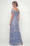 Off-the-shoulder stoffig blauw Een lijn geborduurd met een lange moeder van de bruid jurk