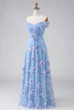 Off-the-shoulder stoffig blauw Een lijn geborduurd met een lange moeder van de bruid jurk