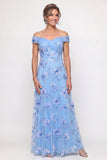 Off-the-shoulder stoffig blauw Een lijn geborduurd met een lange moeder van de bruid jurk