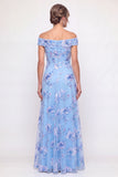 Off-the-shoulder stoffig blauw Een lijn geborduurd met een lange moeder van de bruid jurk
