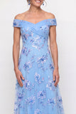 Off-the-shoulder stoffig blauw Een lijn geborduurd met een lange moeder van de bruid jurk
