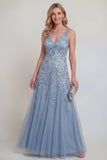Grijsblauwe bloemen V-hals A-lijn tule lange jurk Mother of the Bride jurk