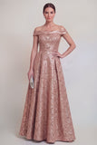 Blush Jacquard Bloemen Off The Shoulder Een lijn Lange Mother of The Bride Jurk