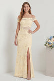 Off-the-shoulder geborduurde schede Daffodil lange bloemenjurk met split