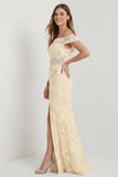 Off-the-shoulder geborduurde schede Daffodil lange bloemenjurk met split