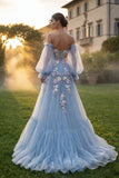 Lichtblauwe tule Sweetheart A-lijn bloemen-appliqued sleepbaljurk met split