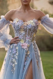 Lichtblauwe tule Sweetheart A-lijn bloemen-appliqued sleepbaljurk met split