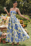 Blauwe Daffodil Flower A-lijn strapless bloemenprint met gerimpelde lange trouwjurk