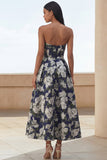 Blauwe Daffodil Flower A-lijn strapless bloemenprint met gerimpelde lange trouwjurk