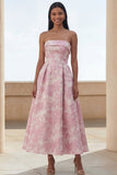 Blauwe Daffodil Flower A-lijn strapless bloemenprint met gerimpelde lange trouwjurk