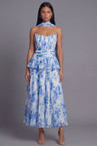 A-lijn stoffige salie strapless geplooide midi-jurk met ruches en halsdoek
