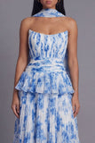 A-lijn stoffige salie strapless geplooide midi-jurk met ruches en halsdoek