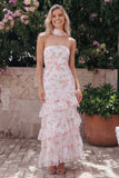 Chiffon Witte Roze Bloem Strapless Schede Lange Rugbeljurk Met Nek Sjaal