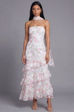Chiffon Witte Roze Bloem Strapless Schede Lange Rugbeljurk Met Nek Sjaal