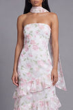 Chiffon Witte Roze Bloem Strapless Schede Lange Rugbeljurk Met Nek Sjaal