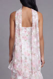 Chiffon Witte Roze Bloem Strapless Schede Lange Rugbeljurk Met Nek Sjaal