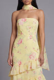 Chiffon Witte Roze Bloem Strapless Schede Lange Rugbeljurk Met Nek Sjaal